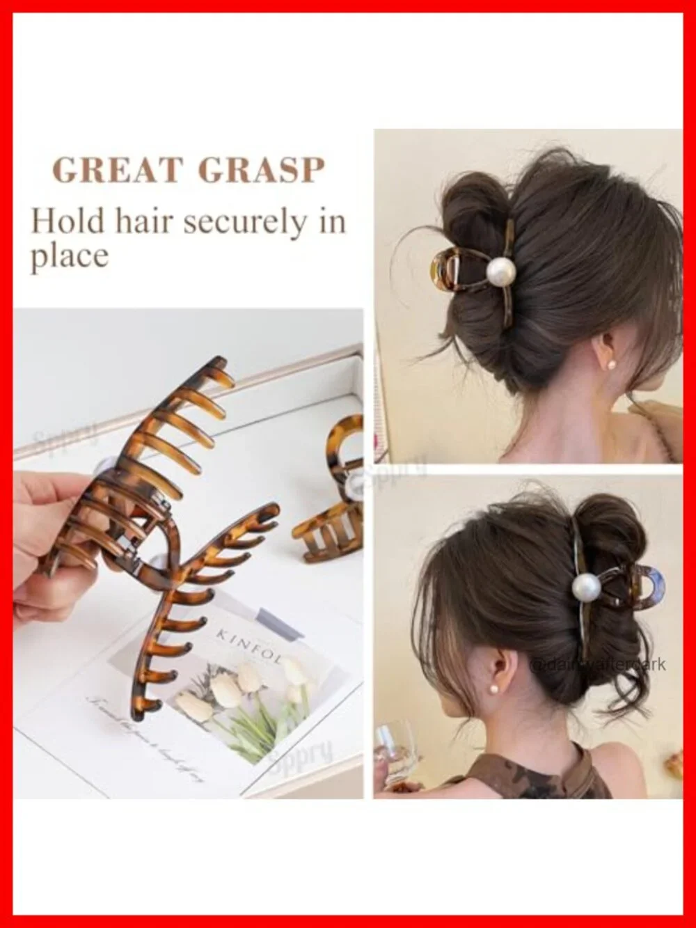 Set of 3 Large Pearl Hair Claw Clips for Thick Hair